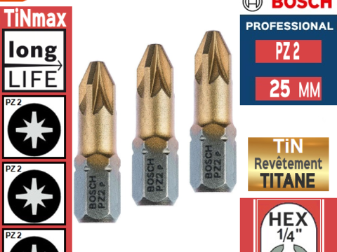 3 embouts de vissage BOSCH PZ2 au NITRURE de TITANE 3 26290 Les granges-gontardes