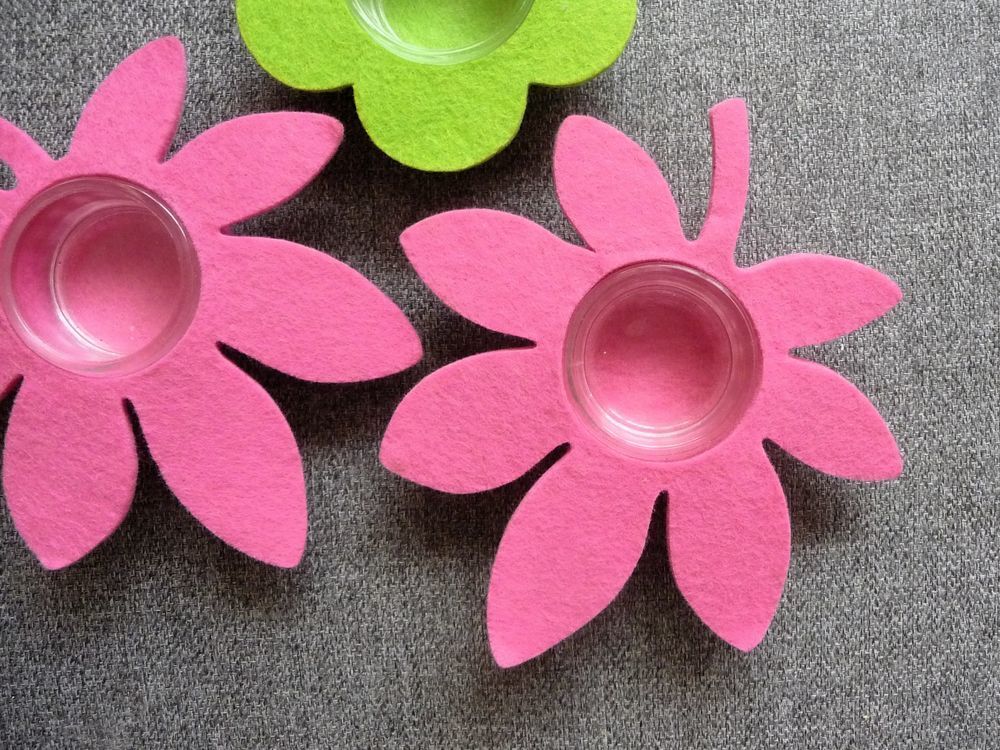 3 Photophores Fleur en Feutre Rose et Vert- Neuf Décoration