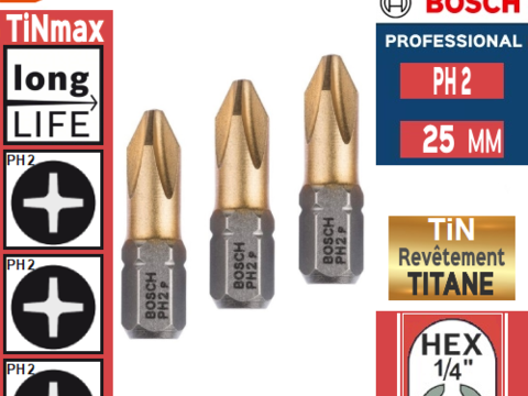 3 embouts de vissage BOSCH PH 2 au NITRURE de TITANE 3 26290 Les granges-gontardes