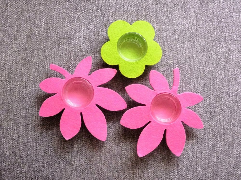 3 Photophores Fleur en Feutre Rose et Vert- Neuf Décoration
