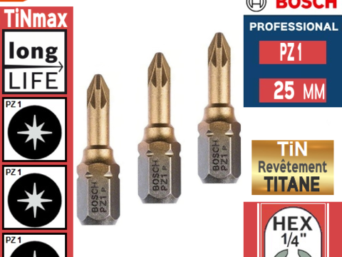 3 embouts de vissage BOSCH PZ 1 au NITRURE de TITANE 3 26290 Les granges-gontardes