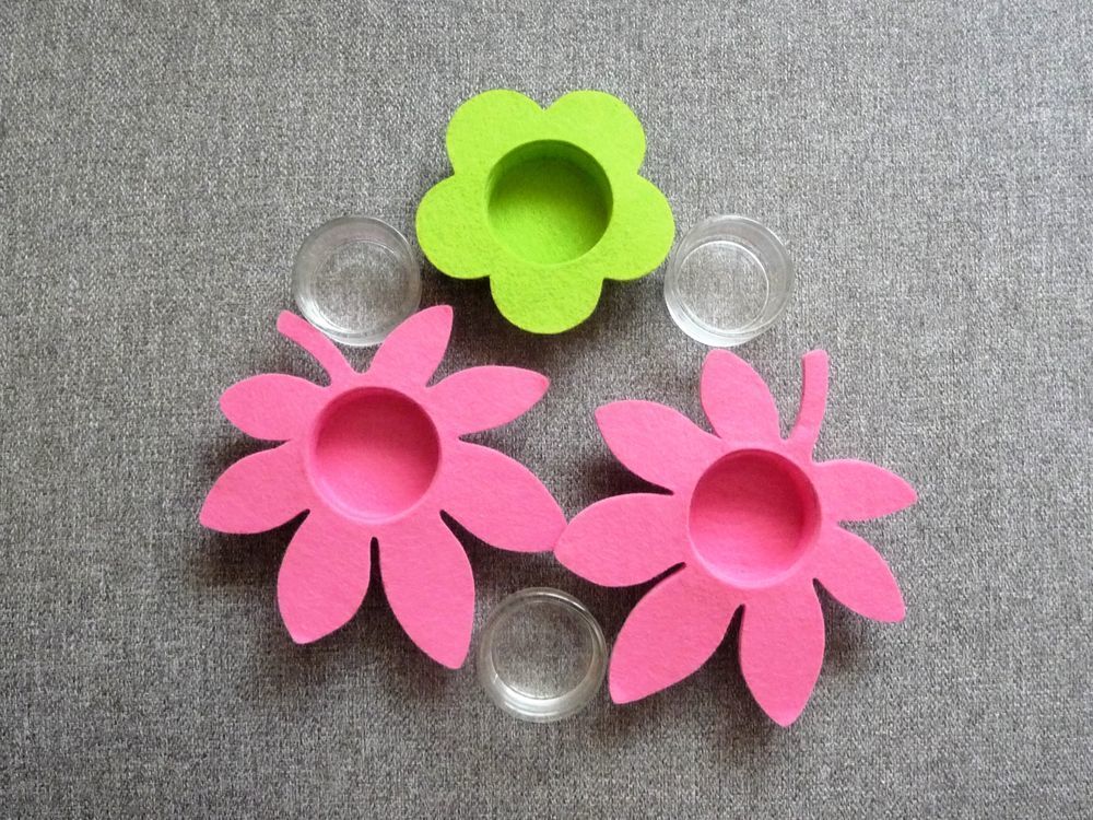 3 Photophores Fleur en Feutre Rose et Vert- Neuf Décoration