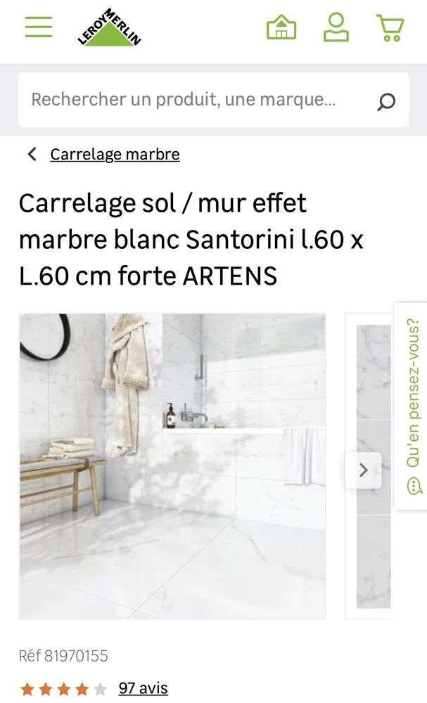 16.38 m2 de Carrelage sol effet marbre blanc Santorini l.60 150 Saint-Ouen-l'Aum�ne (95)