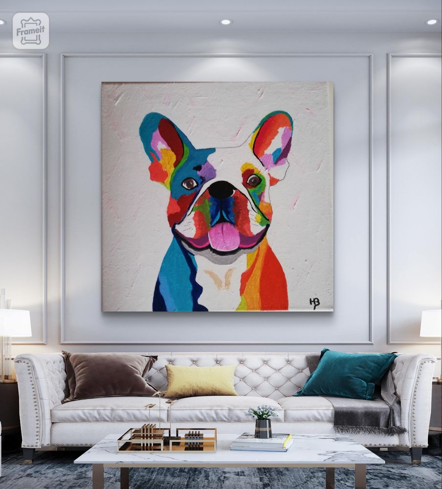 Tableau peinture acrylique 30 x 30 cm : Bouledogue Fran�ais 52 Colombier-le-Cardinal (07)