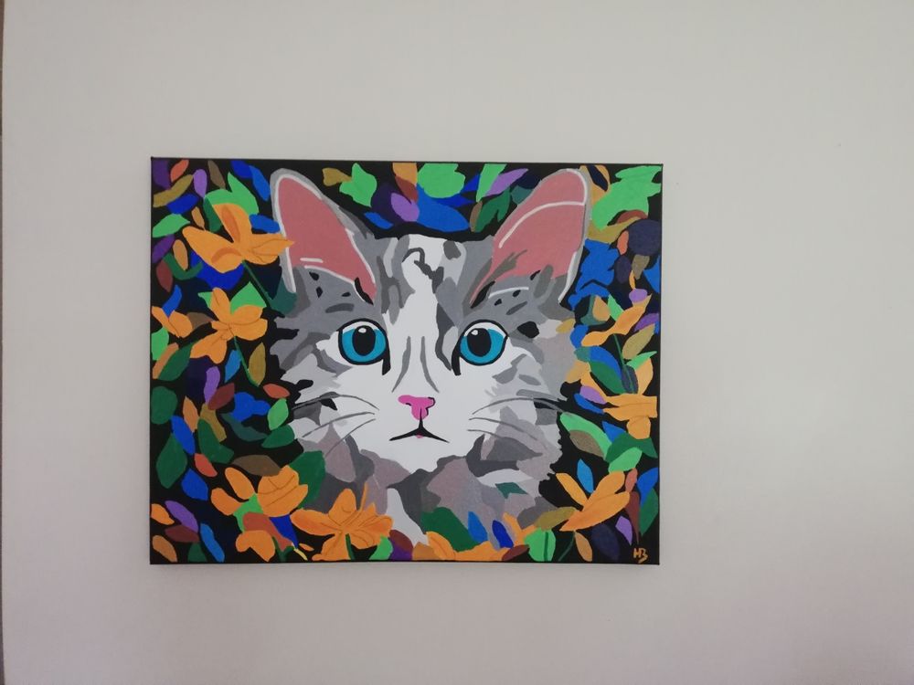 TABLEAU PEINTURE ACRYLIQUE SUR TOILE ET CHASSIS MOTIF CHAT 65 Colombier-le-Cardinal (07)