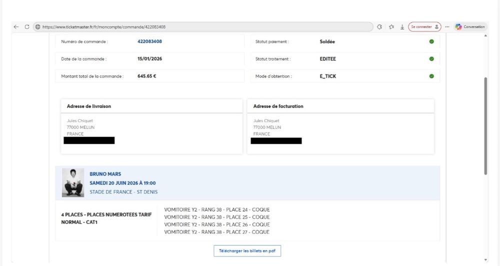 4 places cat&eacute;gorie a Bruno mars 0 Paris 7 (75)
